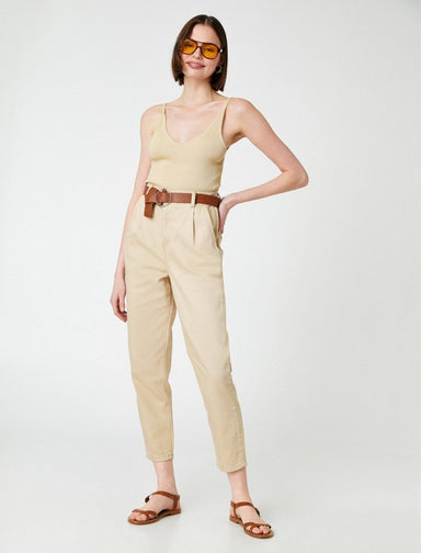 High Waist Belted Twill Pants in Sand - Usolo Outfitters-KOTON