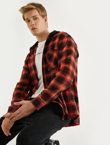 Hooded Flannel Shirt in Red - Usolo Outfitters-KOTON