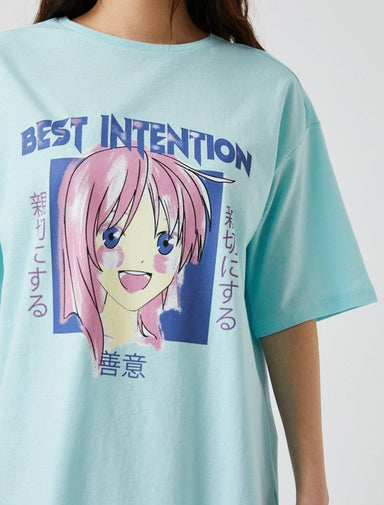 T-shirt japonais Oversize Anime Girl en bleu - Usolo Outfitters-KOTON