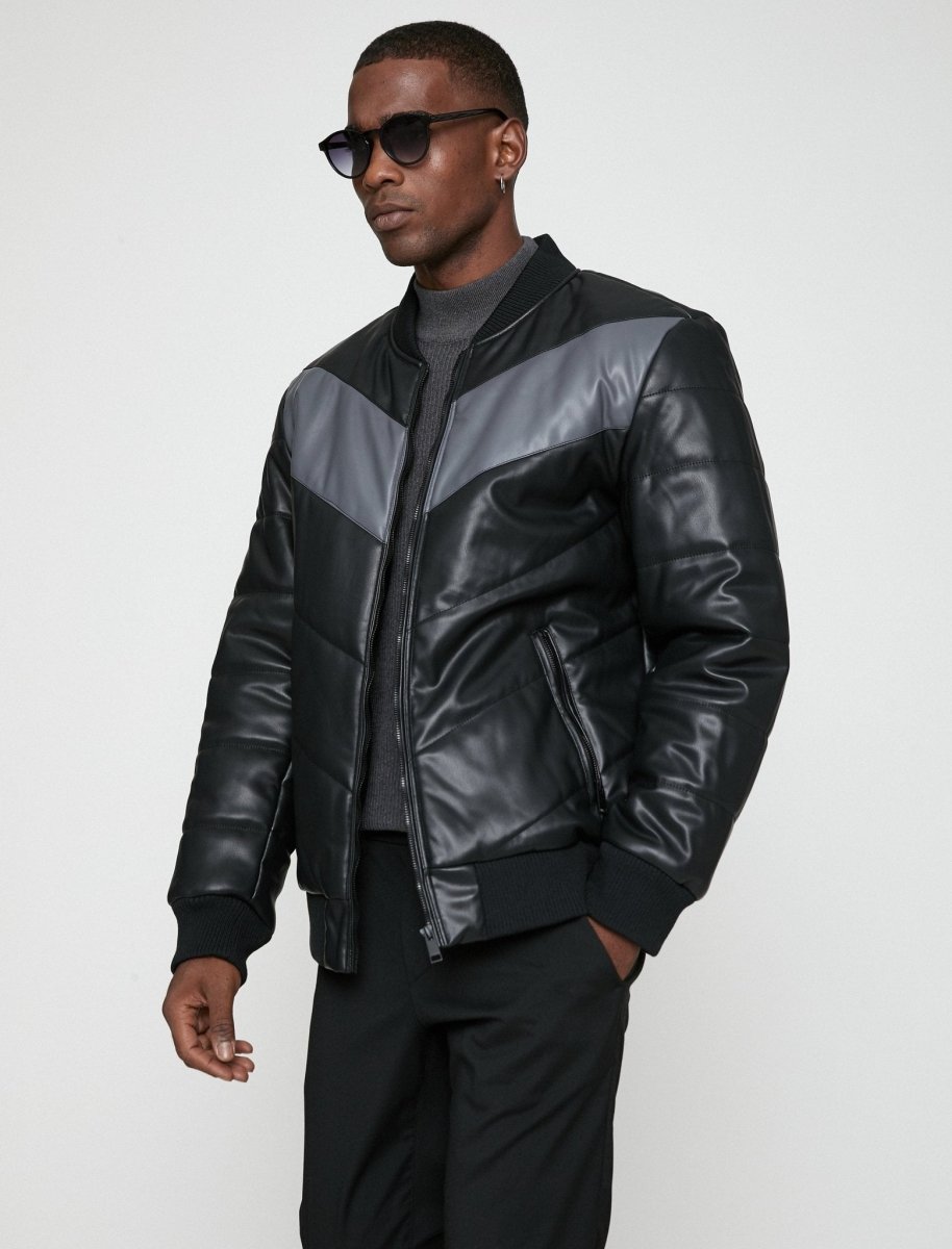 Leather Bomber Jacket in Black - Usolo Outfitters-KOTON