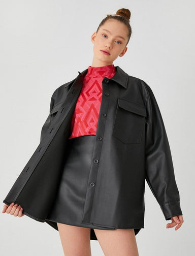 Leather Oversized Shirt Jacket in Black - Usolo Outfitters-KOTON