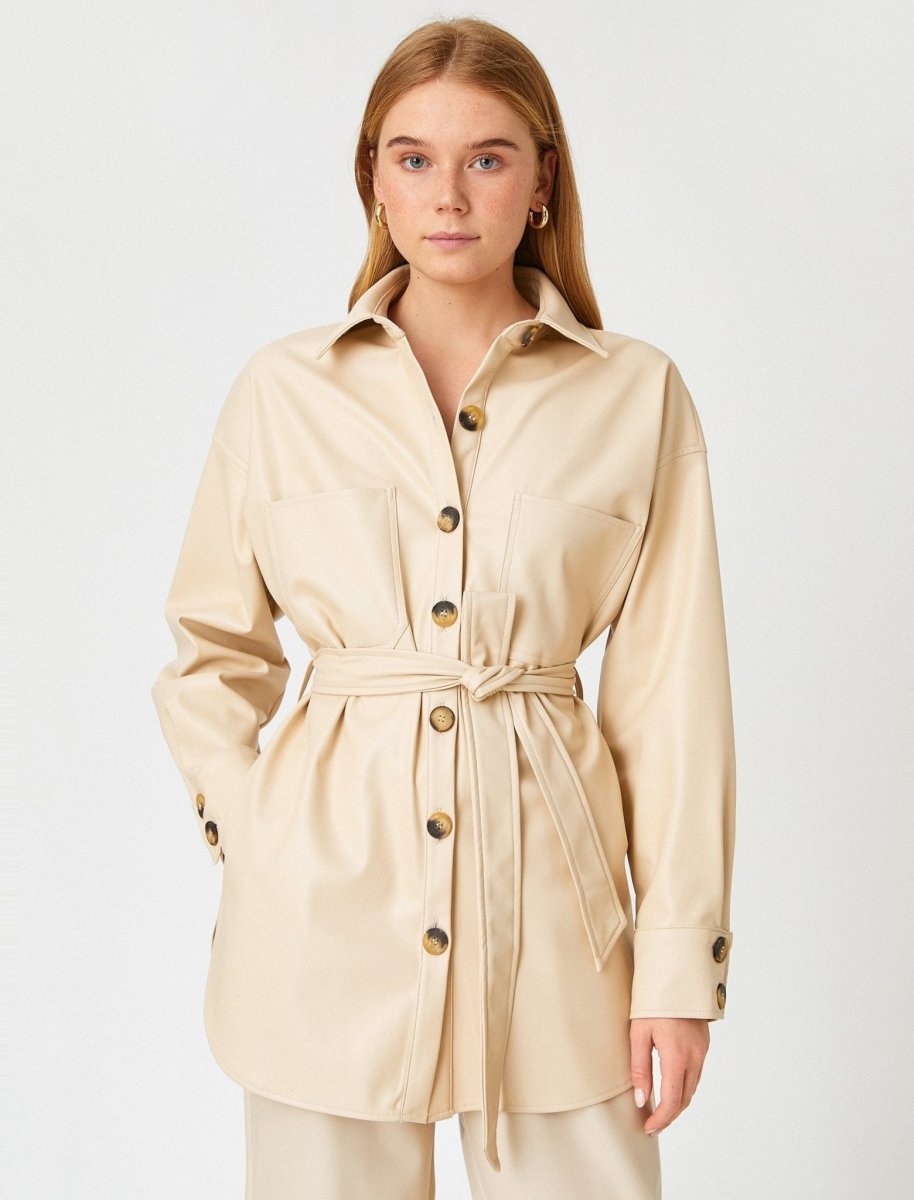 Leather Tie Waist Shirt Jacket in Beige - Usolo Outfitters-KOTON