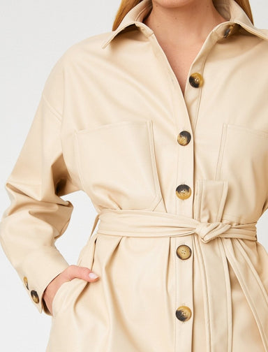 Leather Tie Waist Shirt Jacket in Beige - Usolo Outfitters-KOTON