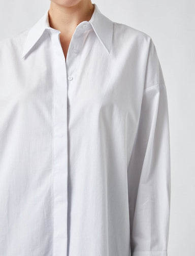 Long Oversize Button-Up Poplin Shirt in White - Usolo Outfitters-KOTON