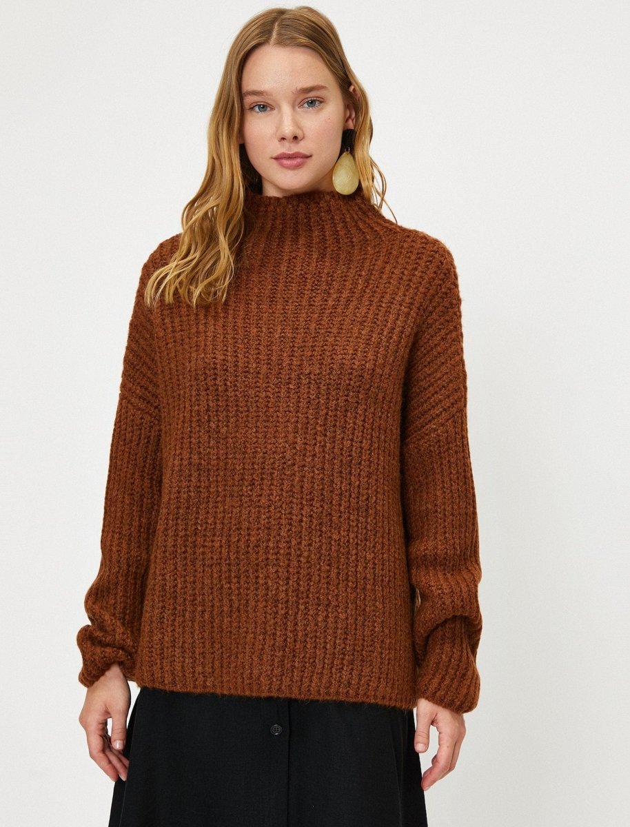 Mock Neck Chunky Sweater in Dark Brown - Usolo Outfitters-KOTON
