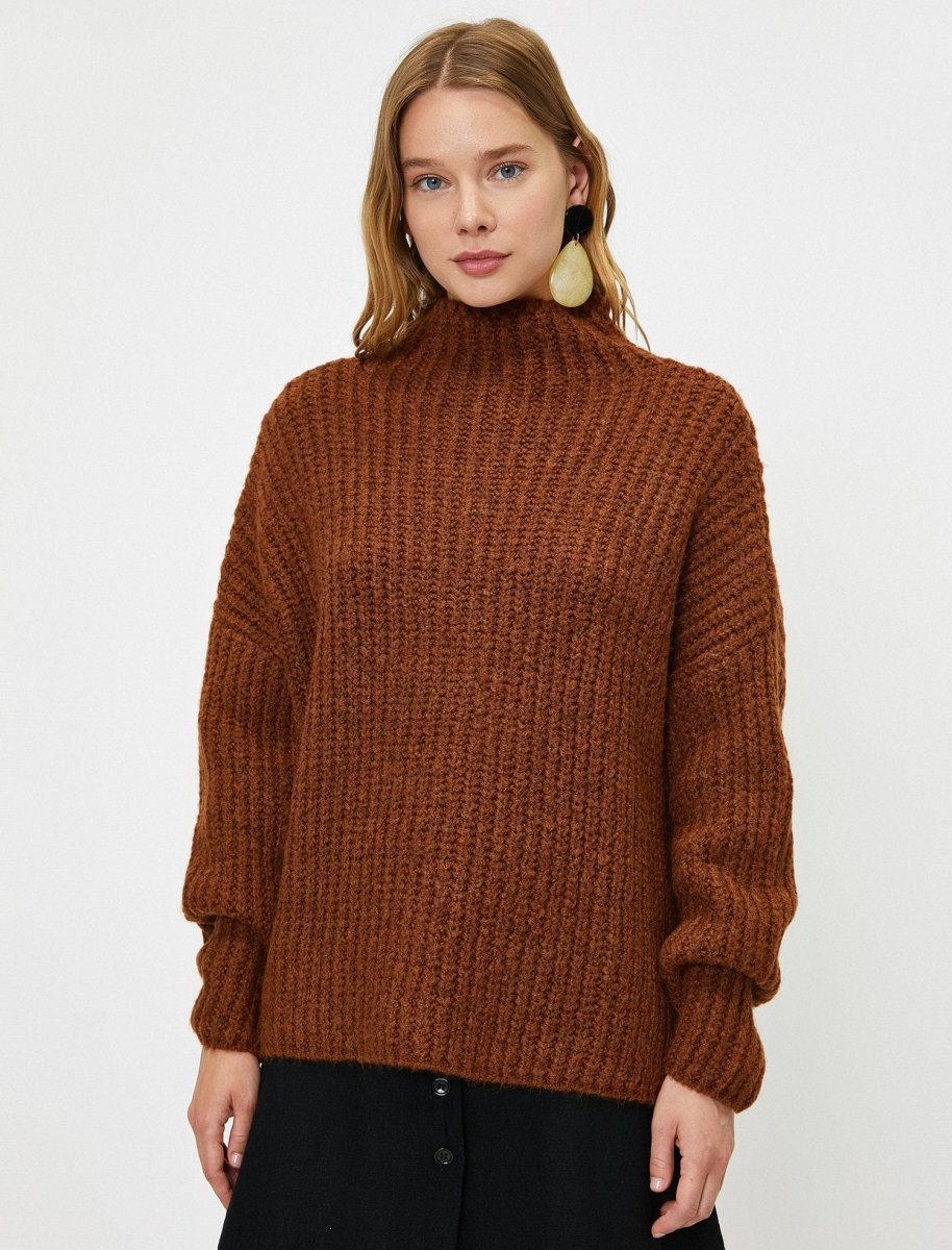 Mock Neck Chunky Sweater in Dark Brown - Usolo Outfitters-KOTON