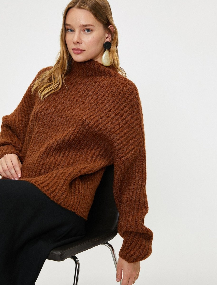 Mock Neck Chunky Sweater in Dark Brown - Usolo Outfitters-KOTON