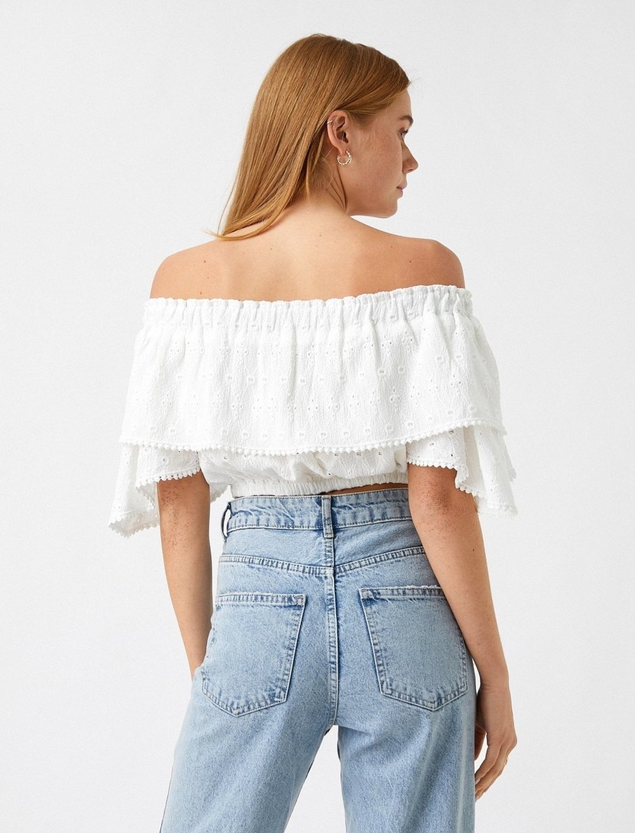Off Shoulder Fold Over Crop Top in White - Usolo Outfitters-KOTON