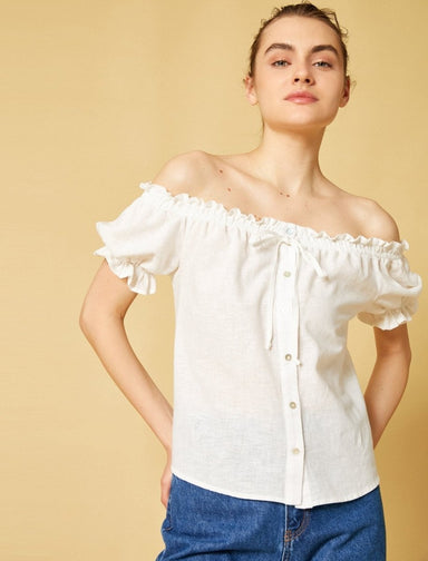 Off Shoulder Puff Sleeve Top in White - Usolo Outfitters-KOTON