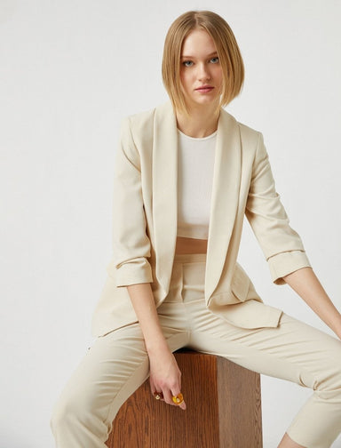 Open Front Ruched Sleeve Blazer in Cream - Usolo Outfitters-KOTON