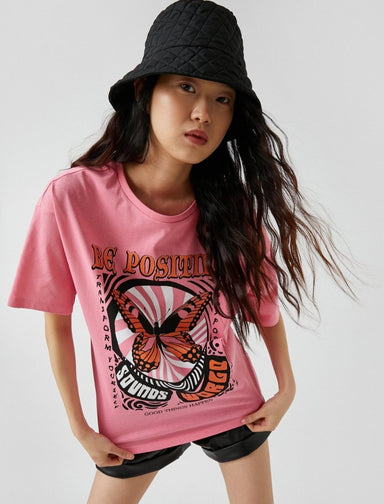 Oversize Butterfly Graphic T-shirt in Pink - Usolo Outfitters-KOTON