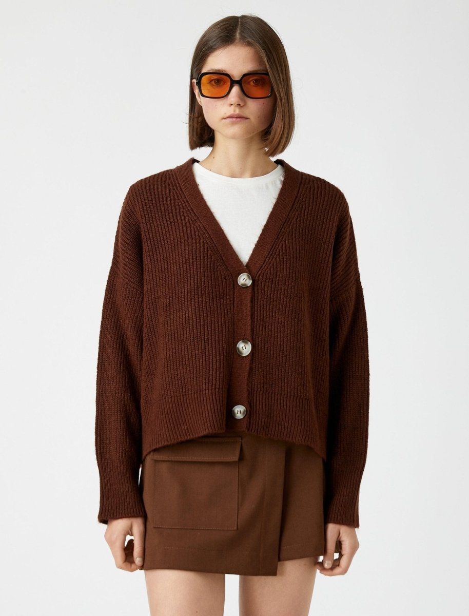 Oversize Crop Cardigan in Brown - Usolo Outfitters-KOTON