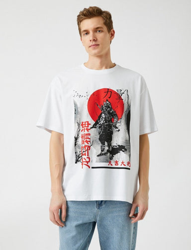 Koton Herren T-Shirt Mit Samurai Print – 100% Baumwolle, Kurzarm, Rundhals, Größe M, Weiß