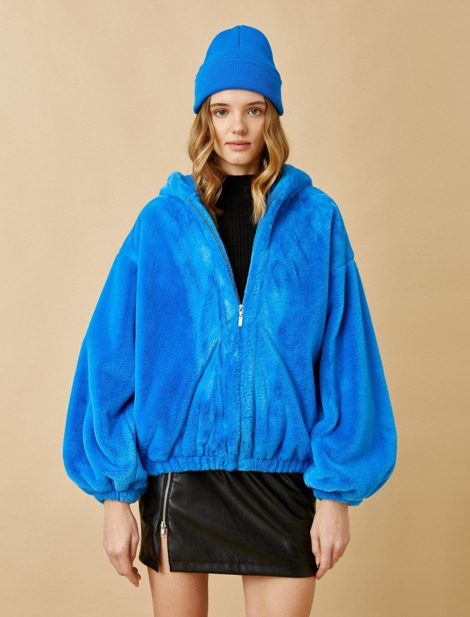 Oversize Teddy Coat with Hood in Blue - Usolo Outfitters-KOTON