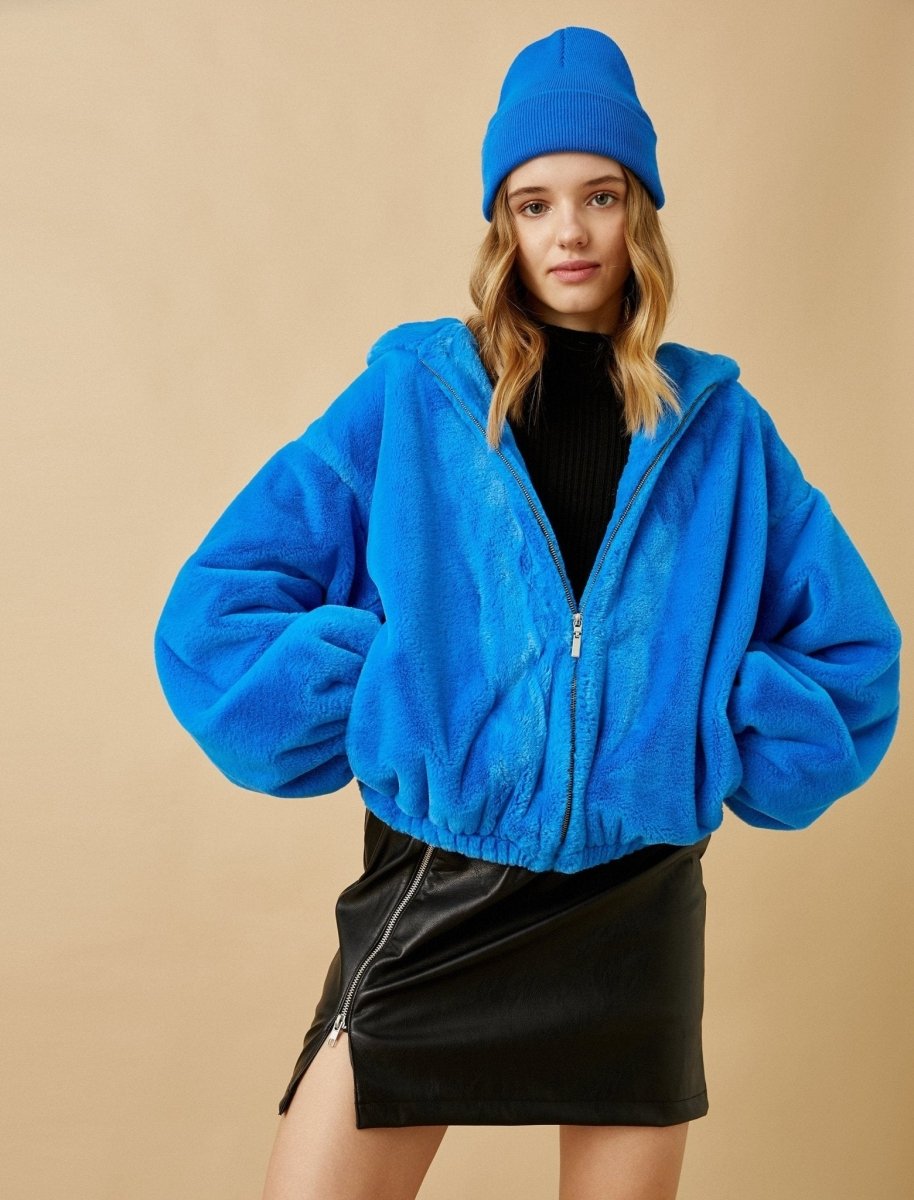 Oversize Teddy Coat with Hood in Blue - Usolo Outfitters-KOTON