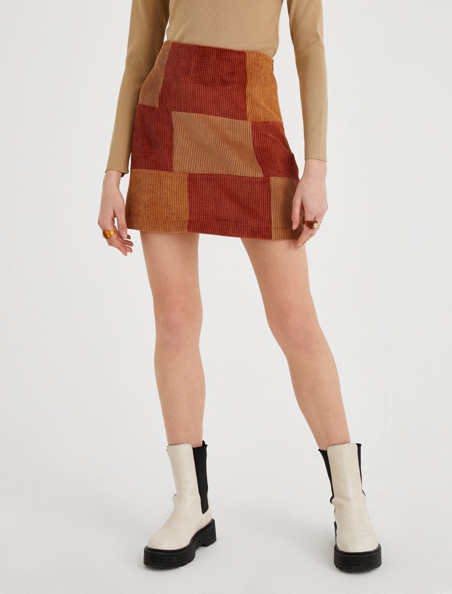 Patchwork Cord Mini Skirt in Beige - Usolo Outfitters-KOTON