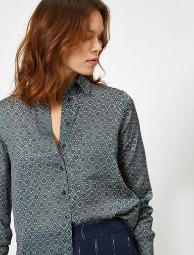 Patterned Button-Up Front Shirt in Green - Usolo Outfitters-KOTON