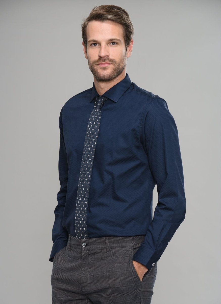 Patterned Dress Shirt in Navy - Usolo Outfitters-PEOPLE BY FABRIKA