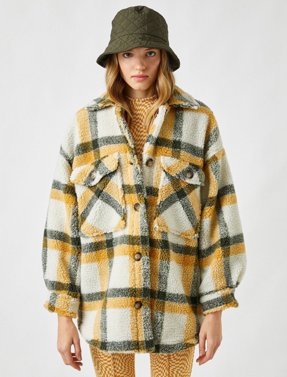 Plaid Sherpa Overshirt Shacket in Yellow - Usolo Outfitters-KOTON