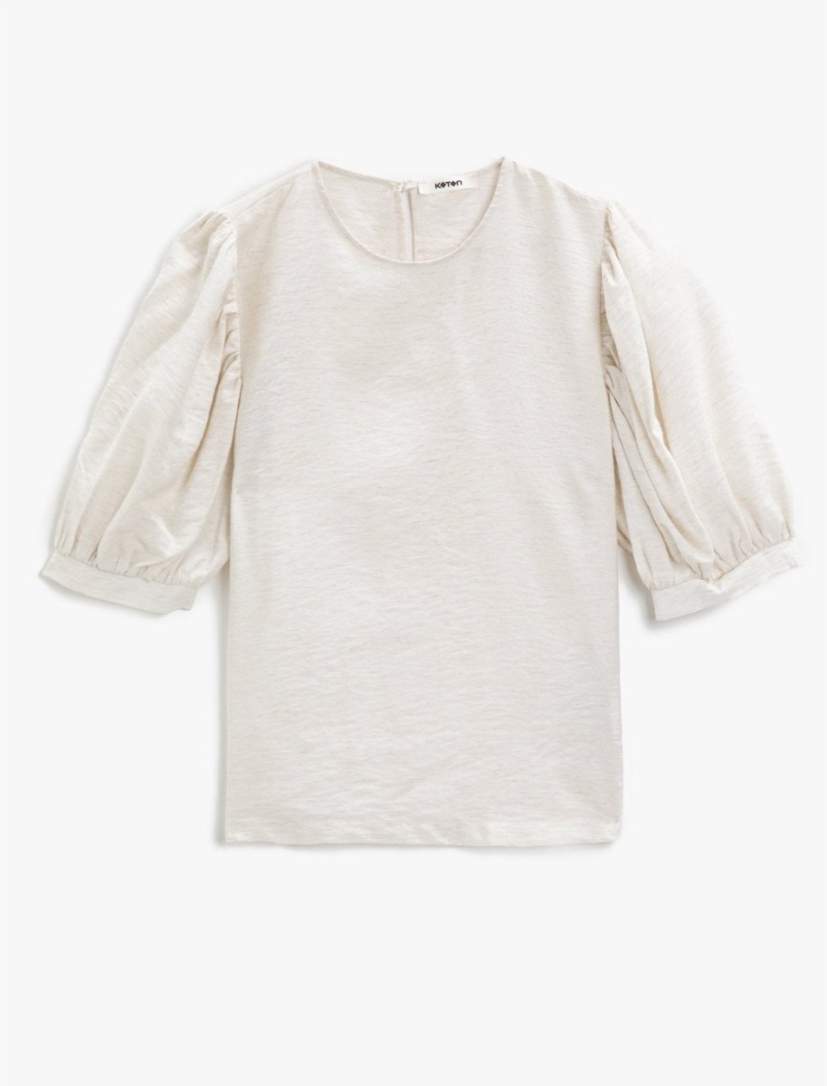 Puff Sleeve Crew Neck Blouse in Cream - Usolo Outfitters-KOTON