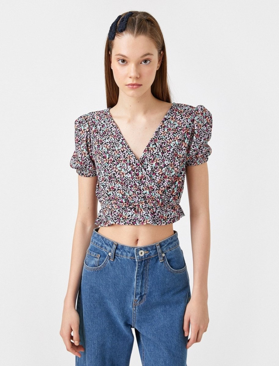 Puff Sleeve Floral Cropped Blouse in Black - Usolo Outfitters-KOTON