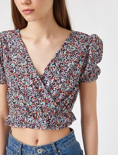 Puff Sleeve Floral Cropped Blouse in Black - Usolo Outfitters-KOTON
