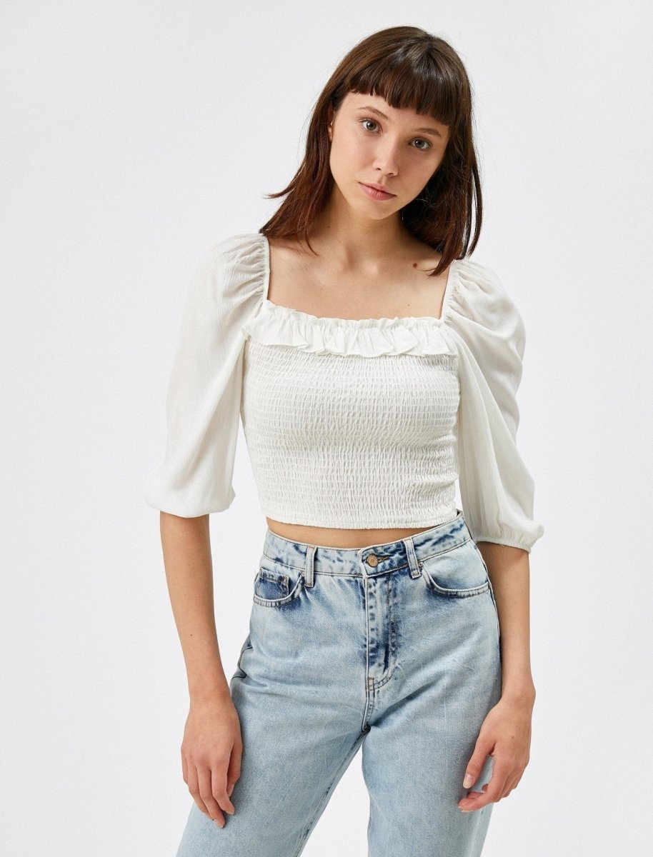 Puff Sleeve Smocked Bodice in White - Usolo Outfitters-KOTON