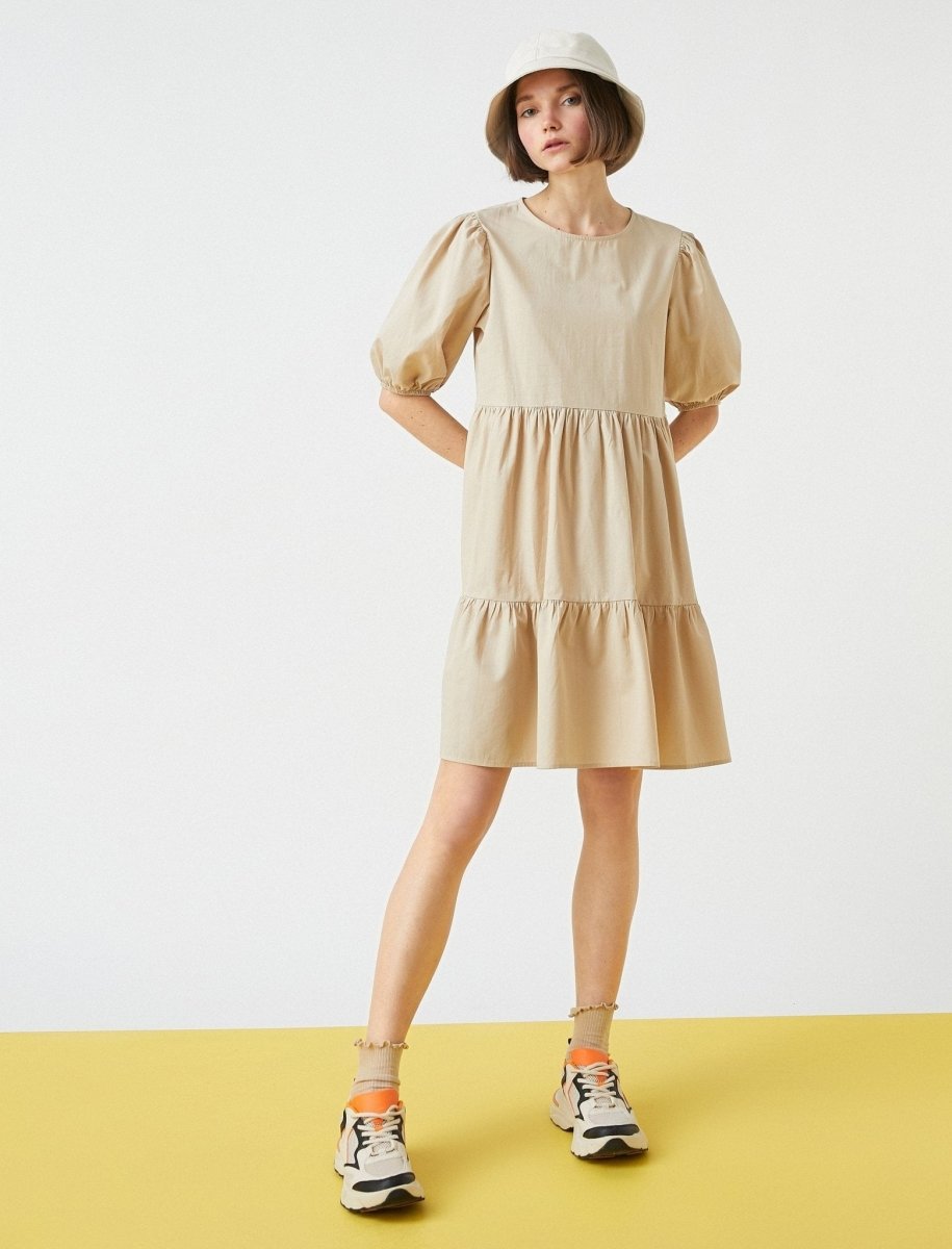 Puff Sleeve Tiered Mini Dress in Beige