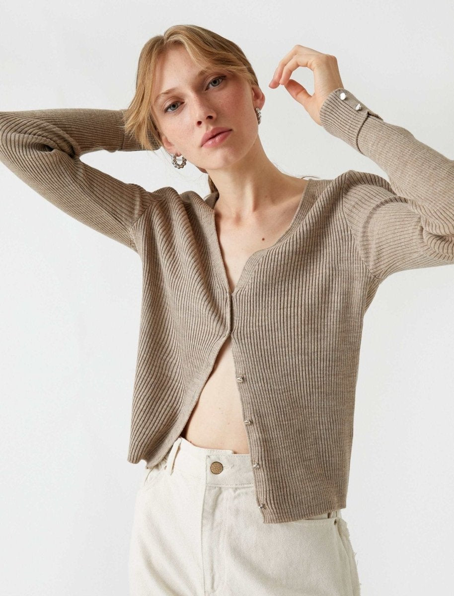 Rib Knit Cardigan in Mink - Usolo Outfitters-KOTON