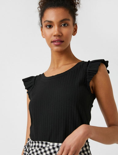 Ribbed Ruffle Sleeve Tank Top in Black - Usolo Outfitters-KOTON