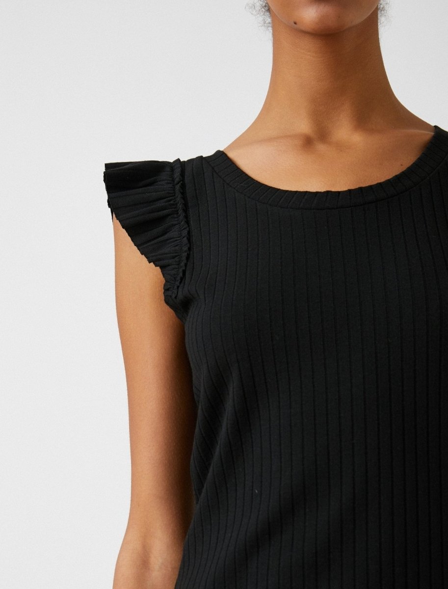 Ribbed Ruffle Sleeve Tank Top in Black - Usolo Outfitters