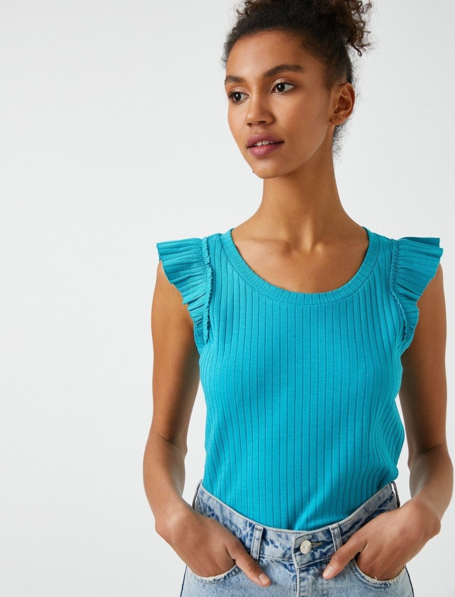 Ribbed Ruffle Sleeve Tank Top in Blue - Usolo Outfitters-KOTON