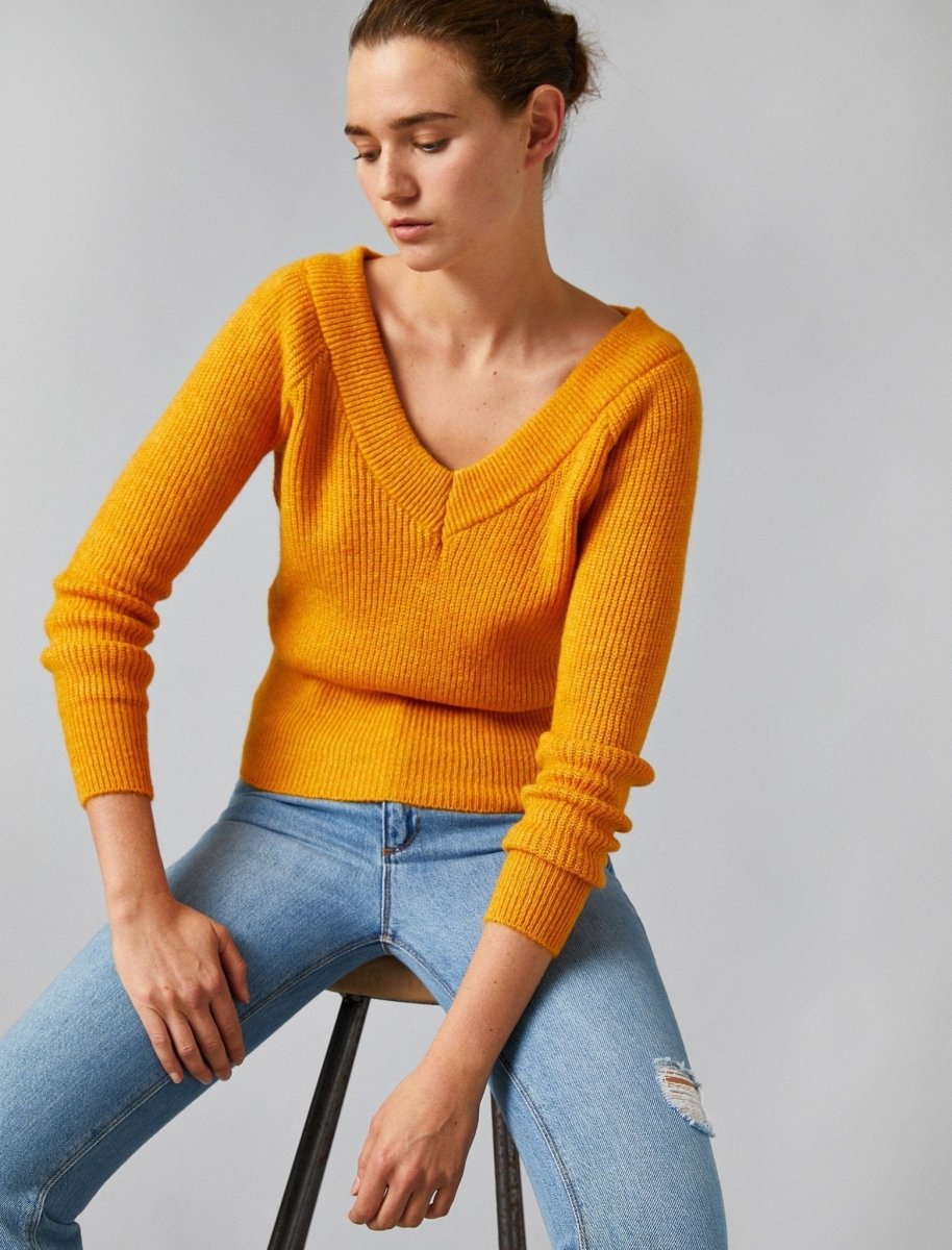 Ribbed V Neck Sweater in Mustard - Usolo Outfitters-KOTON