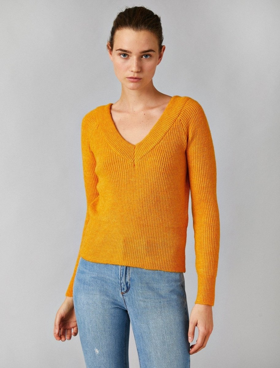 Ribbed V Neck Sweater in Mustard - Usolo Outfitters-KOTON