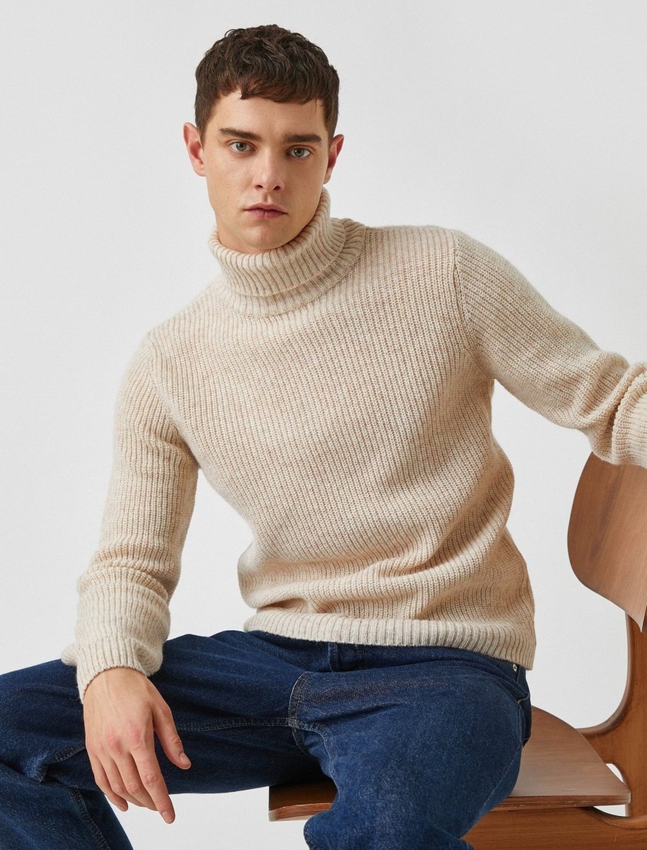Ribbed Wool Turtleneck Sweater in Beige