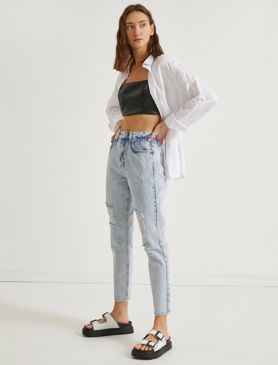 Ripped Mom Jeans in Light Indigo - Usolo Outfitters-KOTON