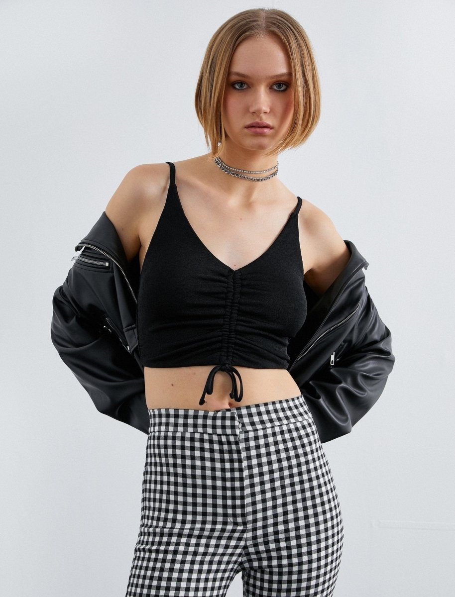 Ruched Front Strappy Crop Top in Black - Usolo Outfitters-KOTON