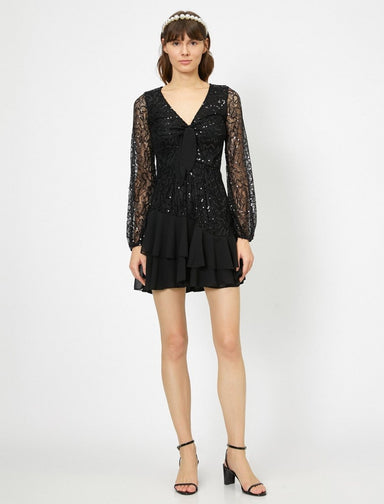 Ruffled Sequin Dress in Black - Usolo Outfitters-KOTON
