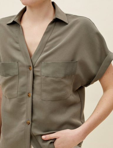 Short-Sleeved Button Front Blouse in Dark Olive - Usolo Outfitters-KOTON