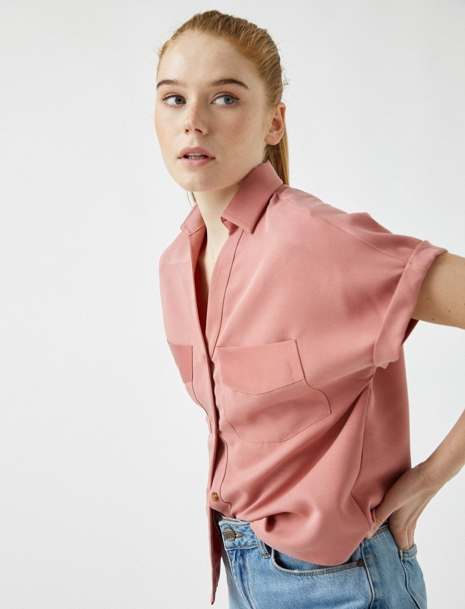 Short-Sleeved Button Front Blouse in Salmon - Usolo Outfitters-KOTON
