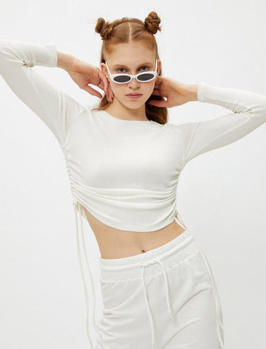 Side-Ruched Crew Neck Tee in White - Usolo Outfitters-KOTON