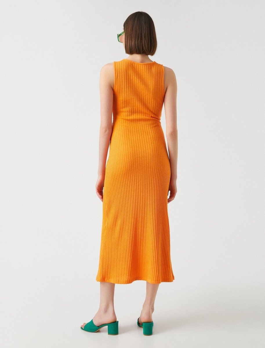 orange ribbed cut out dress Orange-Rust Knit Ribbed Side Cut-Out With Gold Tone Accent Ring Open Back Midi Dress /3-2-1
