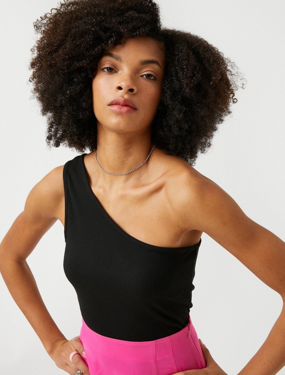 Slim One Shoulder Rib Tank in Black - Usolo Outfitters-KOTON