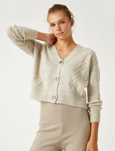 Slouchy V Neck Cardigan in Beige - Usolo Outfitters-KOTON