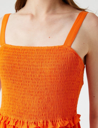 Smocked Fit and Flare Midi Dress in Orange - Usolo Outfitters-KOTON