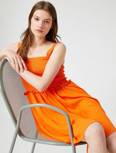 Smocked Fit and Flare Midi Dress in Orange - Usolo Outfitters-KOTON