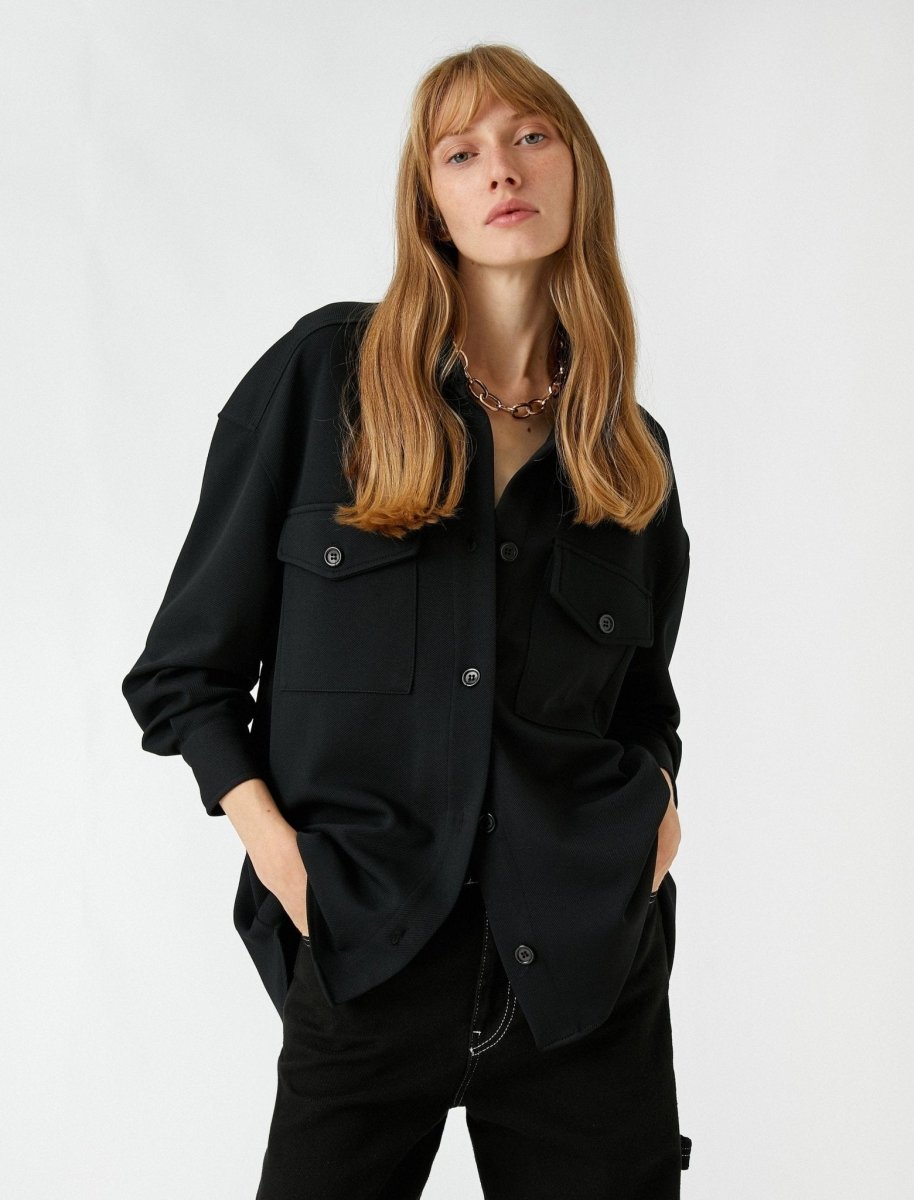 Solid Pocket Overshirt Shacket in Black - Usolo Outfitters-KOTON