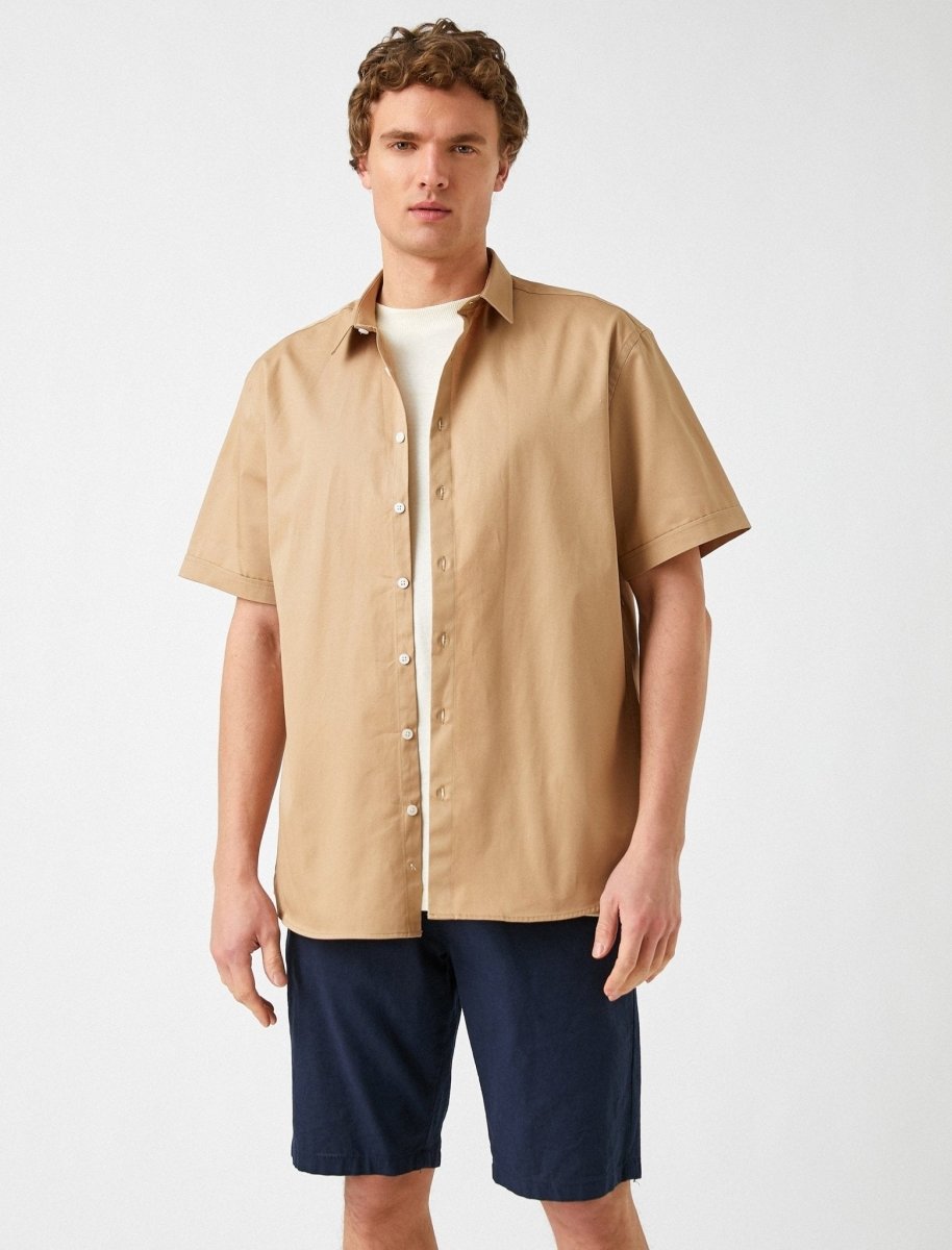 Solid Twill SS Shirt Untucked in Beige - Usolo Outfitters-KOTON