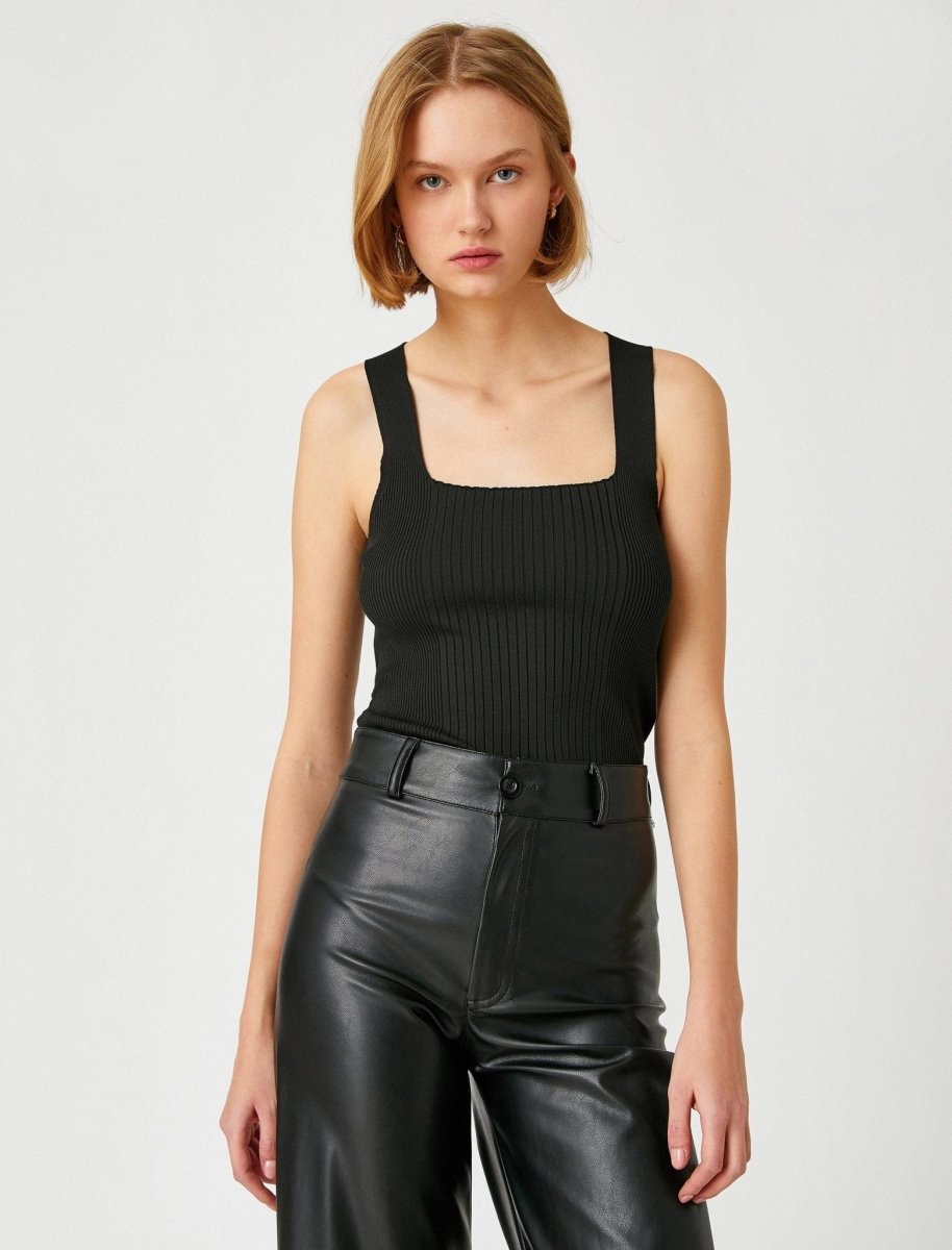 Square Neck Ribbed Tank Top in Black - Usolo Outfitters-KOTON
