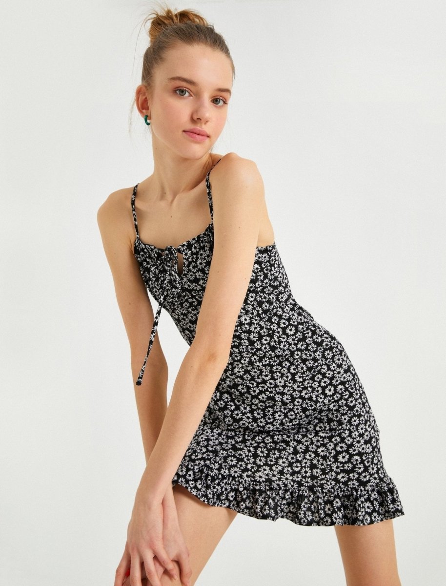 Strap Ruffle Hem Mini Dress in Black Floral Strap Ruffle Hem Mini Dress in Black Floral